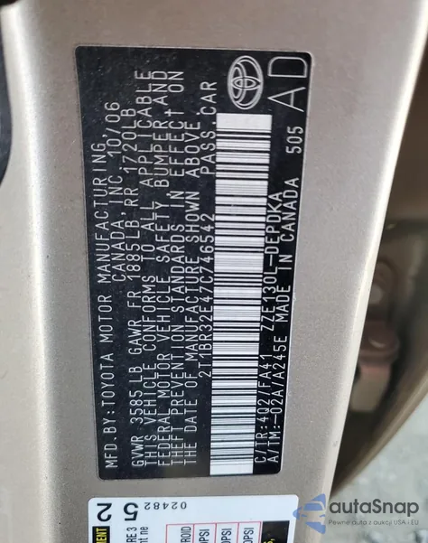 2007 Toyota Corolla Ce из США, поврежденный, VIN 2T1BR32E47C746542